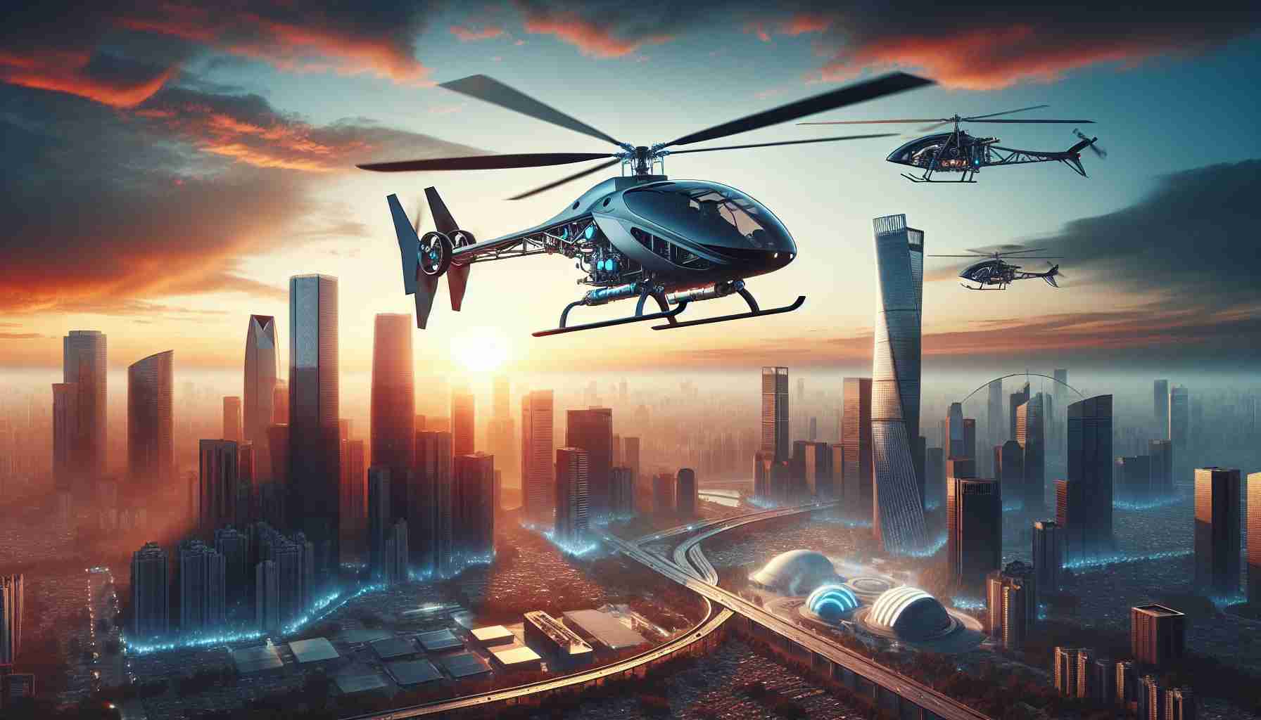 Create a highly detailed and realistic depiction of a landscape experiencing a revolution in helicopter technology. Feature advanced hybrid and electric helicopters hovering above a modern city skyline with a backdrop of a breathtaking sunset. Portray these helicopters as unique and innovative with features not usually seen, like morphing rotor blades, transparent fuselages, and onboard artificial intelligence systems. Highlight the contrast between the traditional skyscrapers and the futuristic helicopters to emphasize the revolution at hand.