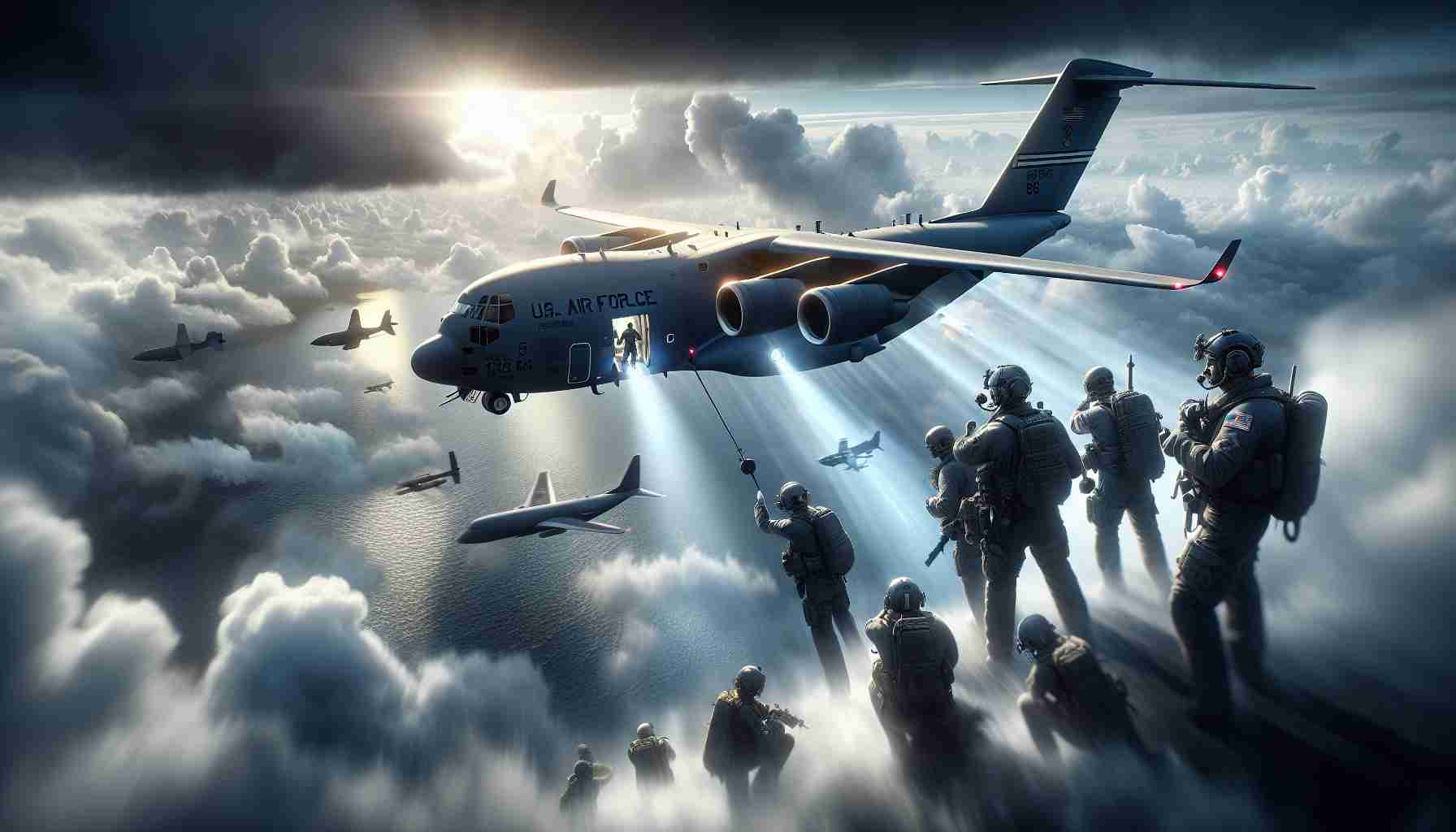 A high-definition, realistic illustration of a history-making event of a rescue mission conducted by the Air Force. Display a scene of cutting-edge aircraft soaring into a cloudy sky, demonstrating modern technology. Render well trained personnel, each showing determination in their expressions. Ensure to present a mixed gender team of Hispanic, Caucasian, and South Asian descent. Capture the intensity of the mission by illustrating the aircraft amid turbulent weather, symbolizing the challenges they're striving to overcome. Focus on the objective of 'rescue' and give a glimpse of hope in the forms of searchlights piercing through the darkness.