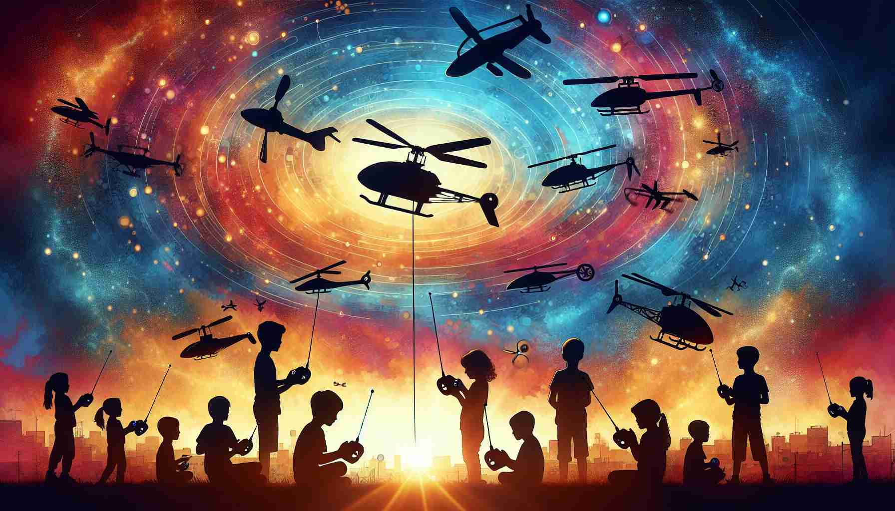 An detailed, high definition image illustrating the magic of remote control helicopters for kids. Picture a scene with diverse children silhouetted against a vibrant sunset, their faces filled with delight and wonder. Each child holds a different type of remote control, wireless as they pilot their toy helicopters. The helicopters are of all shapes and sizes, some designed like futuristic drones, others more traditional, all bright and boosted by the glow of sunset. A few helicopters can be seen making loops in the air, creating a sense of movement in the image.