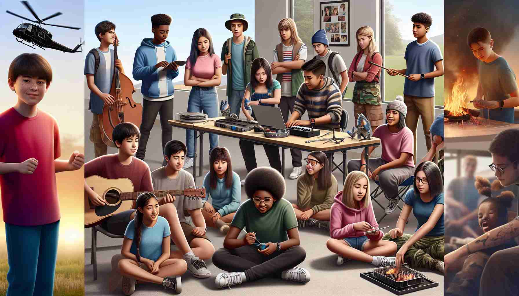 A realistic, high definition image showing a scene of youth empowerment and confidence building, separate from the concept of helicopter parenting. Depict a diverse group of teenagers, including Hispanic boys, Asian girls, Middle-eastern boys, and Black girls, in a variety of activities that promote independence and self-confidence. These activities may include playing a musical instrument, public speaking, wilderness camping, cooking independently, or doing a science experiment. The environment should be supportive but not overly controlled, emphasizing their autonomy and personal growth.