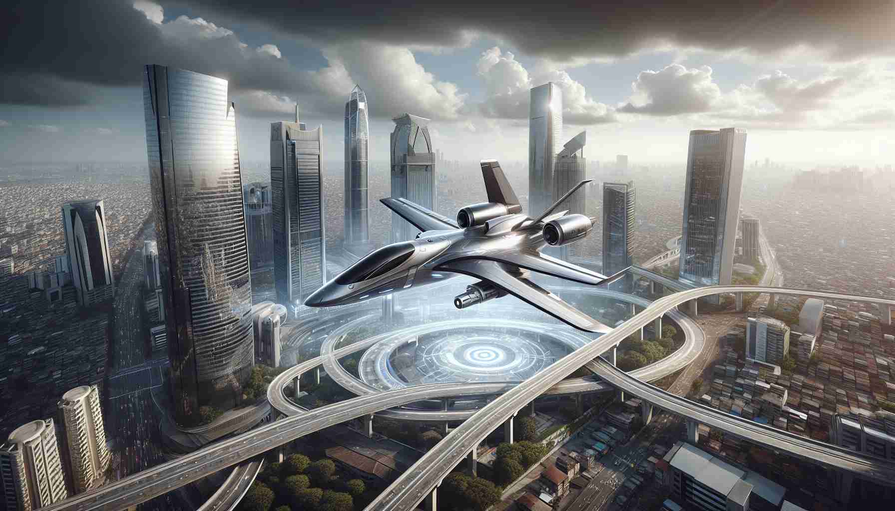 Realistic high-definition image featuring a futuristic aerial transportation system, characterized by a newly improved, super variant of the falcon aircraft. The setting showcases a bustling modern-day cityscape with dominating high-rise buildings and traversing pathways, under a partially cloudy sky. The highlighted aircraft showcases cutting-edge technology and design, akin to a bird of prey swooping through the air with impressive speed and grace, conveying the revolution in the realm of aerial transport.