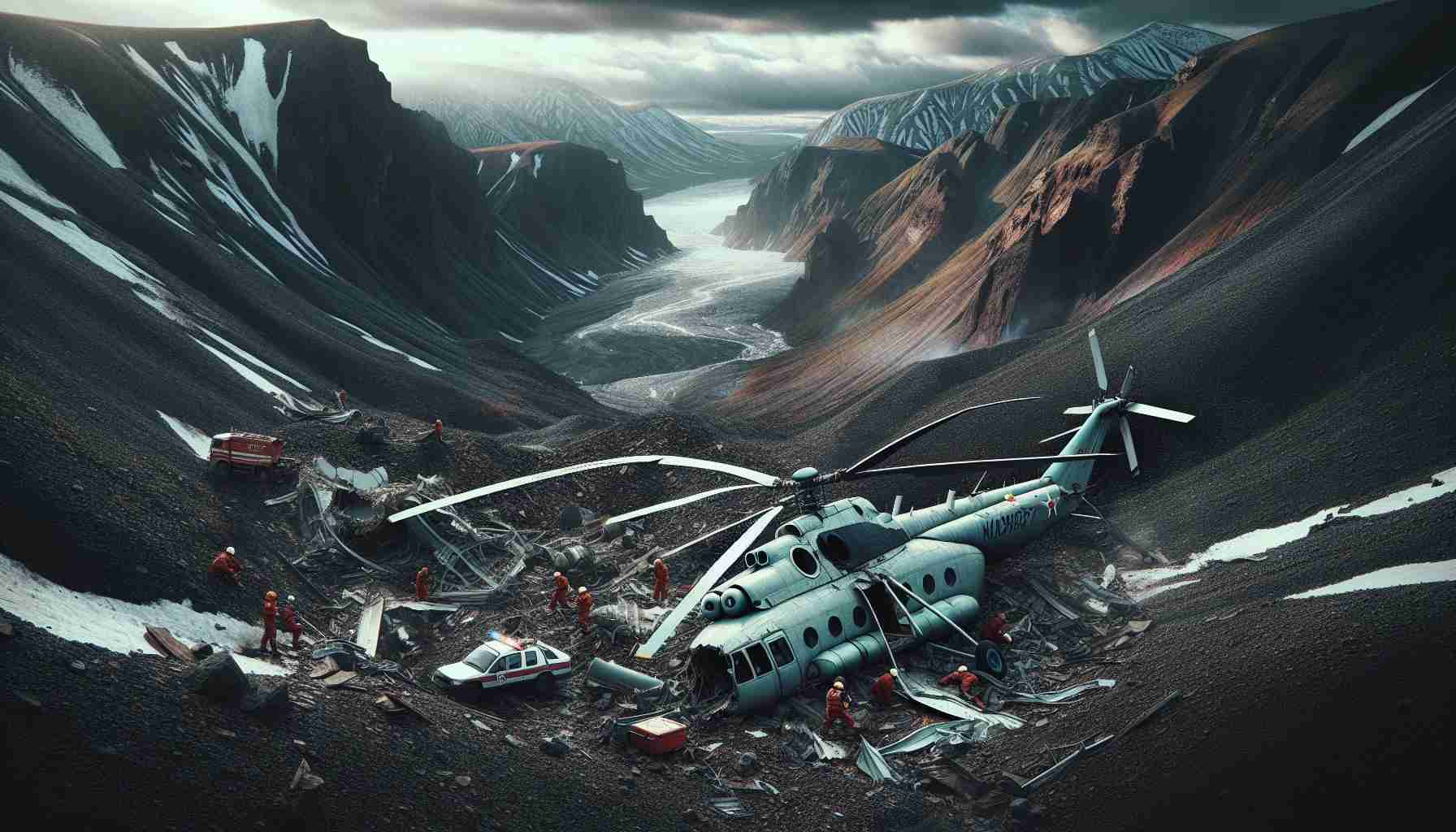 Generate a high-definition realistic image displaying the aftermath of a helicopter crash in the rugged landscapes of Kamchatka, Russia. Emphasized within the image are the mysterious circumstances surrounding the incident, abiding to a realistic portrayal; the helicopter is envisioned as a modern design, scattered rubble evident in the vicinity, and emergency personal trying to unravel the obscure details associated with the crash.