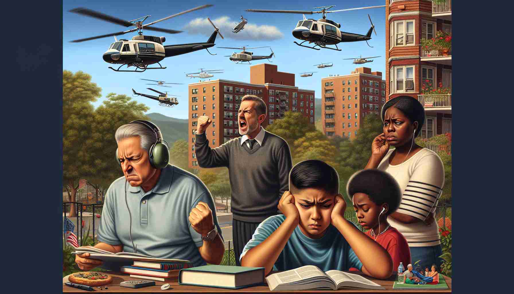 High definition realistic image showing life on Staten Island, New York with residents expressing their annoyance due to escalating helicopter noise. Depict various scenes such as a middle-aged Caucasian man shaking his fist in frustration, a young South Asian woman covering her ears, a Black teenager looking upset while studying outside, and a Middle-Eastern child pointing at a helicopter overhead. The background should show apartment buildings, trees, and several helicopters filling up the sky, denoting increased air traffic.