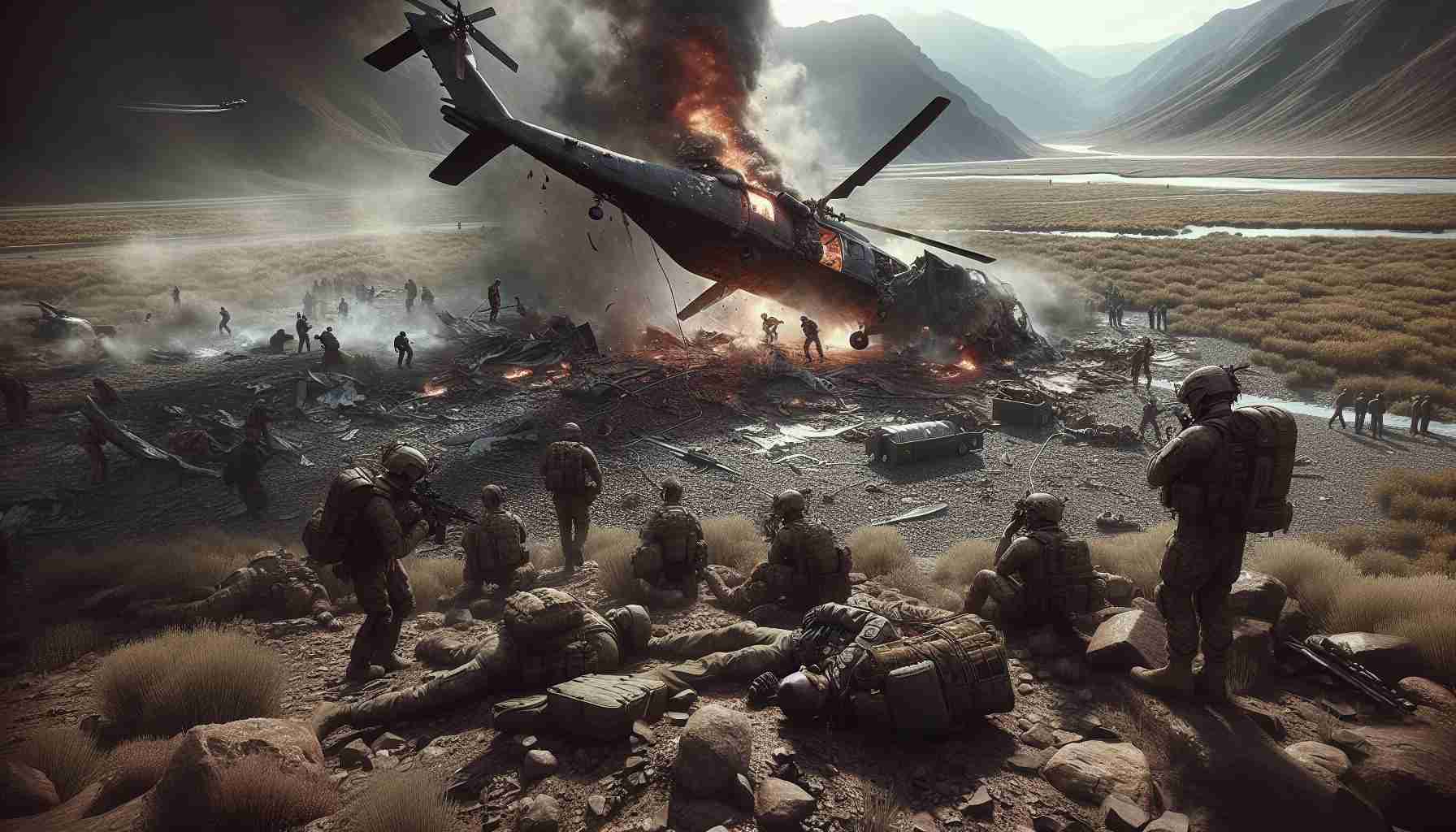 High resolution realistic image depicting a tragic historical incident of a helicopter crash during a rescue operation. The scene is set in a conflict zone, with debris strewn across a rugged landscape, distraught military personnel in the foreground and the smoking wreckage of the helicopter in the background. The visual analysis includes arrows and annotations indicating the trajectory and cause of the crash, safety measures in place, and the immediate aftermath of the incident.