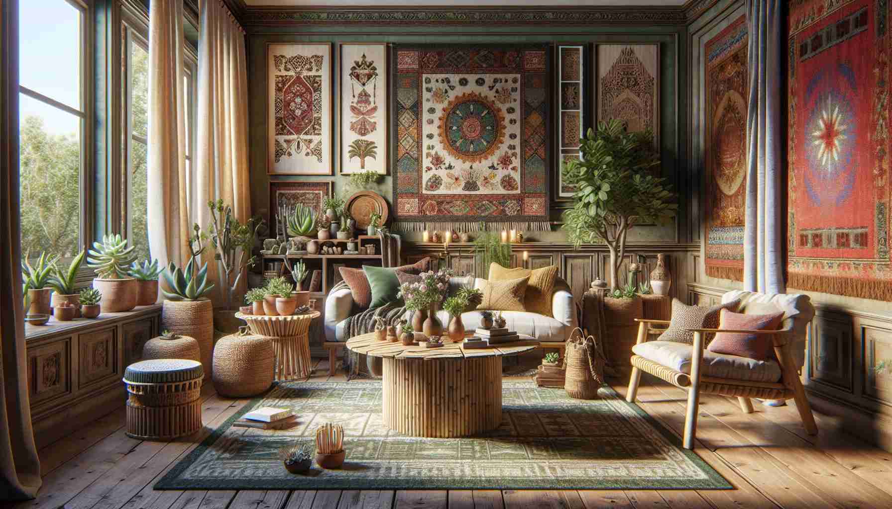 A highly detailed and realistic rendering of imaginative, innovative, and aesthetically pleasing home decor enhancements. The scene might include an elegant living room filled with eco-friendly bamboo furniture, an indoor garden with succulents, and handwoven tapestries from various cultural backgrounds adorning the walls. Also a novel DIY corner with refurbished vintage items, giving the room an eclectic charm. Vivid earthy color tones and soft light entering the room should give it a cozy feel. A vase with fresh cut flowers could be the central piece, on a reclaimed wood coffee table.