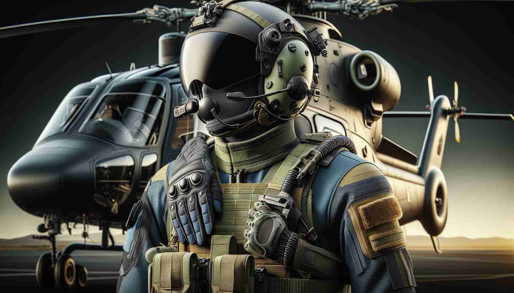 A detailed and realistic high-definition image of innovative gear designed to enhance both safety and comfort for helicopter pilots. The gear should include components such as a helmet with integrated communications system, reinforced gloves and boots, and a flight suit designed to withstand extreme conditions. The color palette should favor tones commonly associated with aviation (such as navy blue, khaki, and olive drab), with a focus on practicality and functionality. A helicopter can be seen in the background, ready for take off.