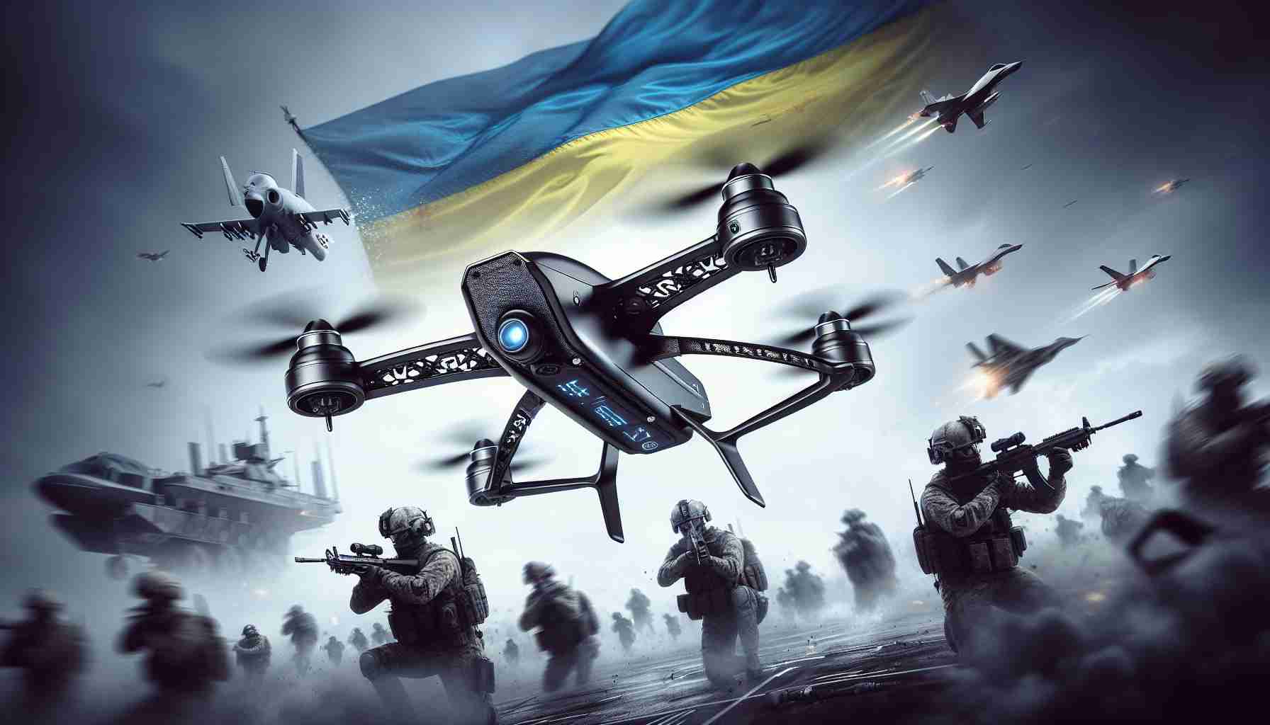 Create a detailed representation of a high-speed FPV (first-person view) drone originating from Ukraine, set against a high-definition backdrop. The drone design should showcase advanced technology and give the sense that it could change the future of aerial warfare. It should carry an air of sophistication and efficiency, encapsulating the excitement of high-speed devices. The background might illustrate a high-tension combat scene, but with no graphic or violent depictions, maintaining a focus on the drone's potential.