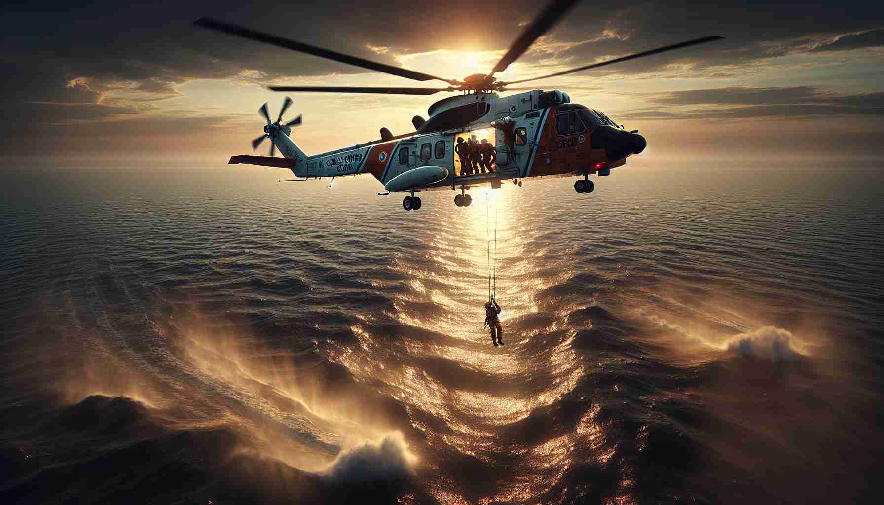 High-definition, realistic image showcasing a scenario where an Indian Coast Guard helicopter has just successfully completed a high-stakes rescue mission. The scene features a helicopter hovering above a shimmering sea, with a rescue harness dangling beneath it. The end of the mission is evident in the relieved appearances of the onboard crew, visible through the open side door of the helicopter. The backdrop is a dramatic sunset sky, hinting at the challenging conditions under which the rescue operation must have been carried out.