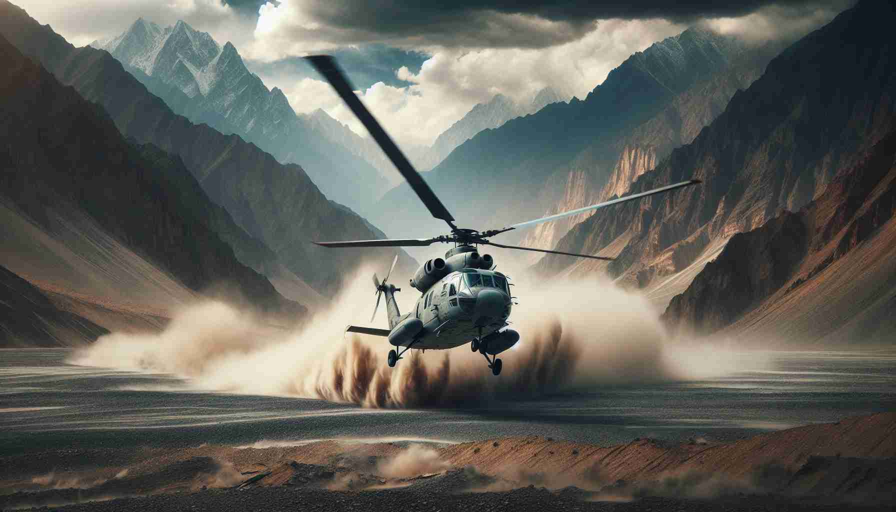 High-definition, realistic image of a helicopter performing an emergency landing in the rugged terrain of northwest Pakistan. Include details like rotating blades, a cloud of dust kicked up by the wind, and mountains in the background.