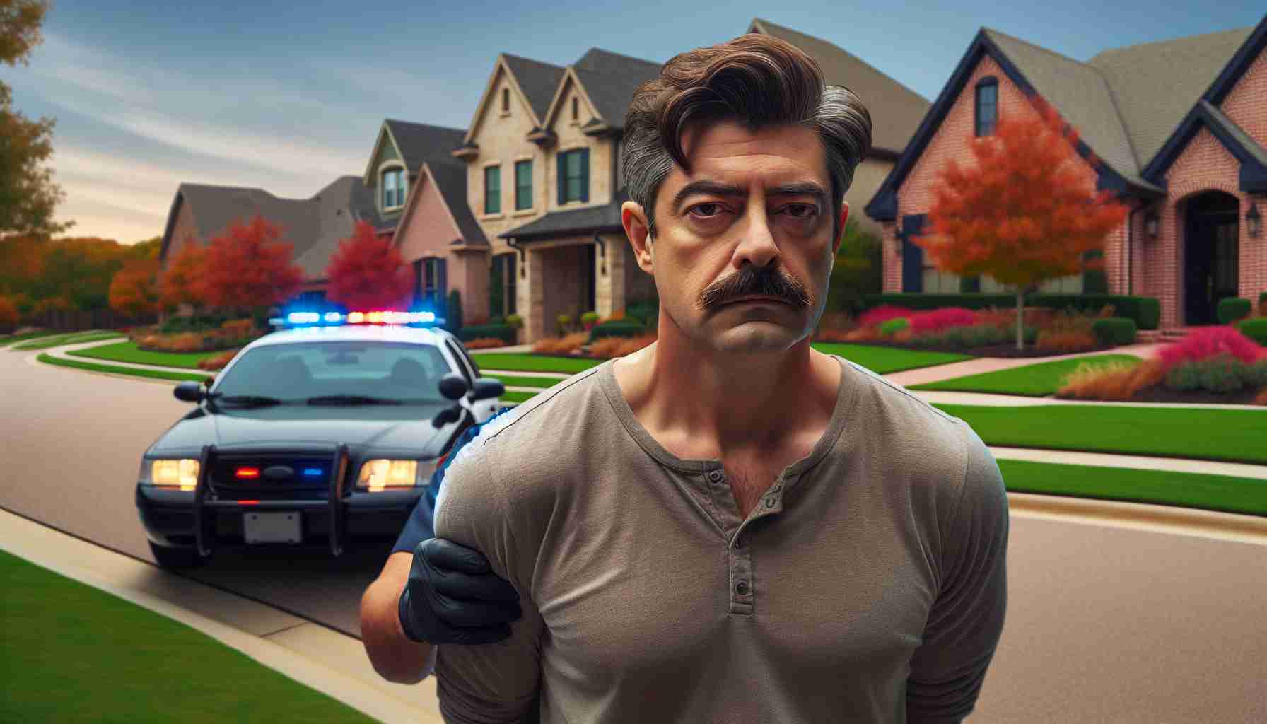 A high-definition, realistic image depicting a situation where a man of Hispanic descent has been apprehended by law enforcement for causing a peculiar disruption in a serene, residential area. The man is middle-aged, with a prominent mustache, wearing casual attire. The location is characterized by well-maintained single-family homes, manicured lawns with autumn leaves, and the tranquil ambiance of a suburban neighborhood during the day. A police car with lights flashing can be seen in the background.