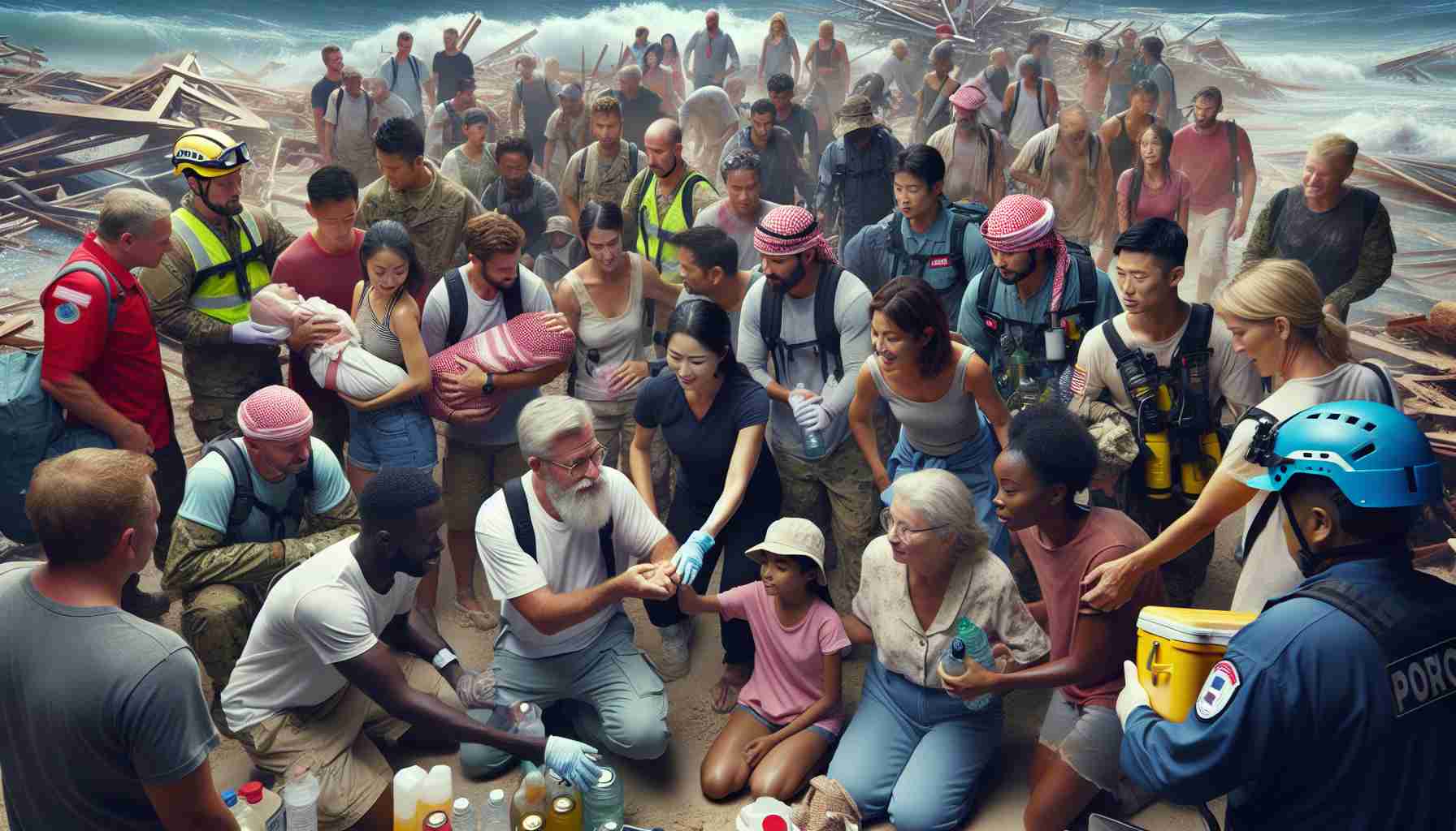 High-definition photo of a scene showcasing successful efforts to assist tourists stranded by a natural disaster. It includes a diverse group of rescue workers helping a mixed group of visitors. The stranded visitors include a Caucasian woman, a Hispanic man, a Middle Eastern child, and an elderly Black man. The rescuers, a South Asian woman and a white man, are seen providing necessary supplies such as food, water, and medical aids, while ensuring their safety. Ongoing efforts to rebuild and restore order are visible, providing a sense of security and hope.