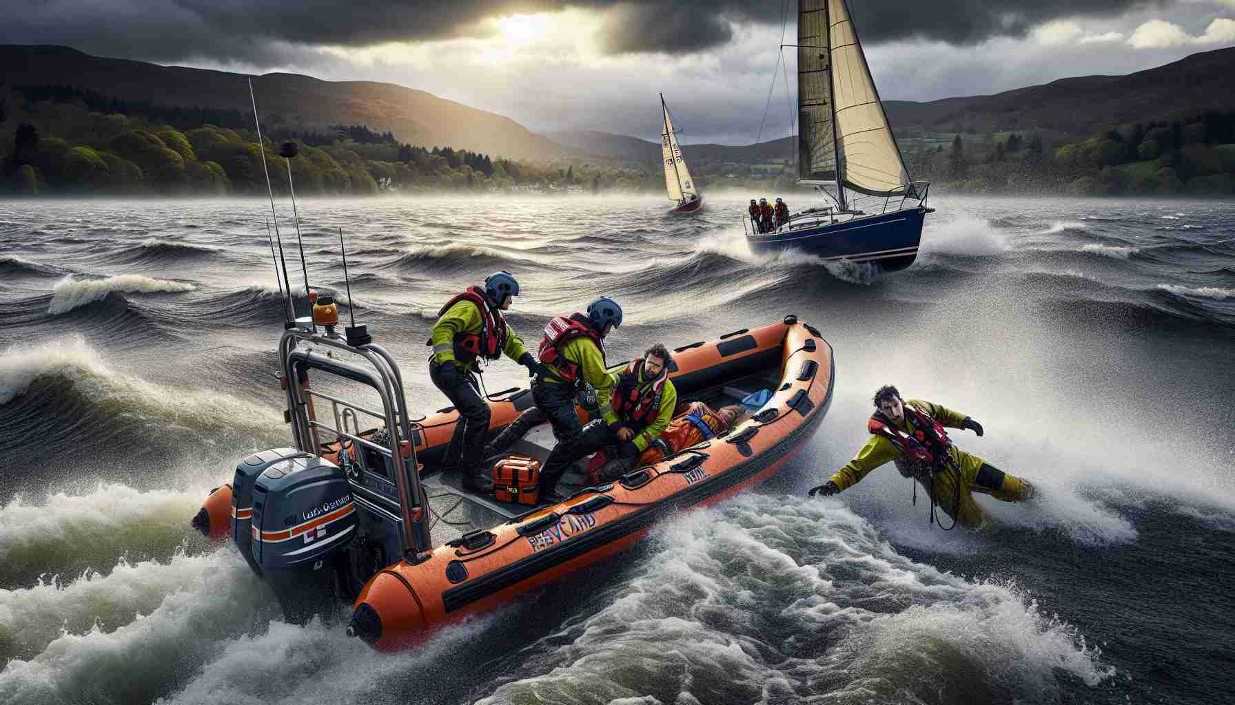 A high-definition, realistic photo of a rescue operation taking place on Lake Windermere. The scene depicts a coast guard rescue team composed of three individuals: a Caucasian male, a Middle Eastern female, and a Hispanic male. They are in a bright orange rescue boat equipped with necessary safety equipment, battling choppy waves against a dramatic sky. They are in the process of rescuing an overboard South Asian female passenger from a capsized sailing boat. In the background, the picturesque, serene landscape of the surrounding Lake Windermere area is visible.