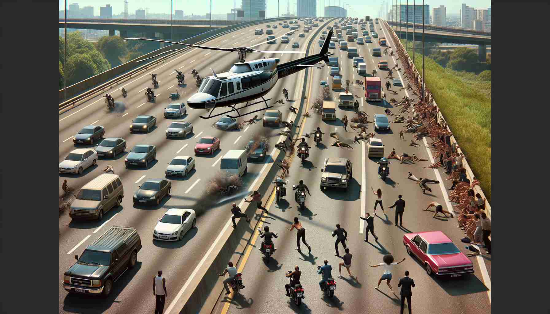 Generate a realistic, high resolution image showing an uncommon scene where a helicopter lands safely on a busy highway. The highway is filled with vehicles of different types - cars, motorcycles, trucks - all stopped in an orderly manner to change their route due to the unexpected landing. The helicopter is carefully maneuvering its way down, with its blades rotating at high speed, causing a stir in the surrounding environment. Onlookers, including a Black woman and an Asian man on the roadside, express various emotions ranging from astonishment, fear, to curiosity.