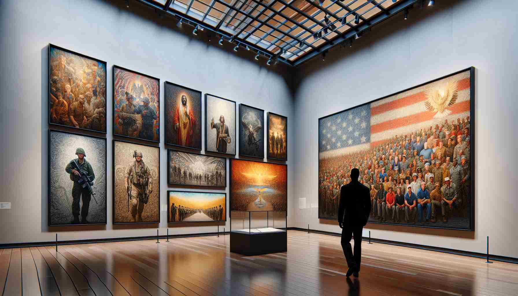 A high-definition, realistic portrayal of an art tribute dedicated to unsung heroes. Depict a grand art exhibit in a spacious gallery. The gallery walls are adorned with various types of art that celebrate the bravery, dedication, and sacrifice of individuals from various walks of life. The art represents both men and women, from different descents such as Caucasian, Hispanic, Black, Middle-Eastern, and South Asian heroes. The atmosphere in the exhibit exudes respect, admiration, and gratitude towards these heroes. Pay extra attention to the lighting and shadows to add depth and dimension to the artwork and the gallery space.