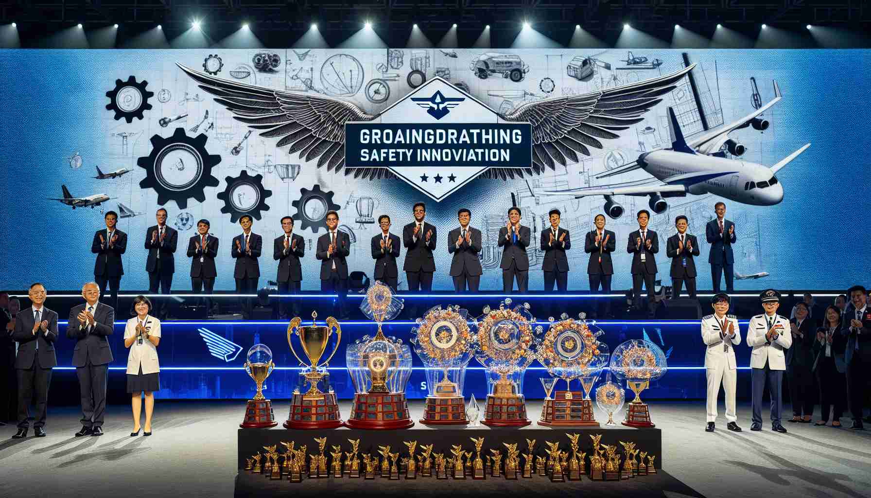 An HD photo of an awards ceremony celebrating groundbreaking safety innovation in aviation. Multiple trophies, medals, and certificates are arranged on a grand table, reflecting the importance of the occasion. The backdrop features signs depicting wings and gears, representing the aviation industry. There are a couple of attendees proudly accepting their awards — a female Hispanic engineer and a male South Asian scientist. Both of them are applauded by a multicultural crowd, each with smiles on their faces, acknowledging the monumental progress in aviation safety. The stage is brightly lit, complementing the professional and celebratory atmosphere.