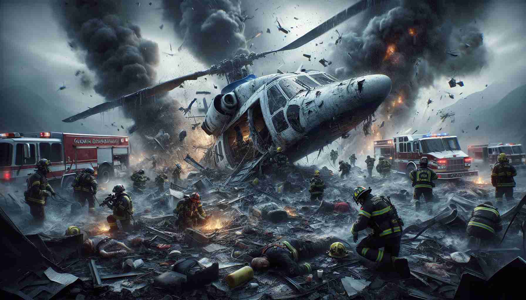 A hyperrealistic high-definition image depicting a tragic scene of a helicopter crash. Debris is scattered everywhere with the wrecked helicopter at the center. Nearby, emergency responders, showcasing a diverse range of descents such as Caucasian, Hispanic, Black and Middle-Eastern, and both genders are present, portraying a sense of urgency and chaos as they work tirelessly to navigate the catastrophe. The setting is gloomy with a cloud of smoke and fire emanating from the wreckage, casting eerie shadows all around. The image aims to highlight the bravery and selflessness of these emergency responders in dangerous situations.