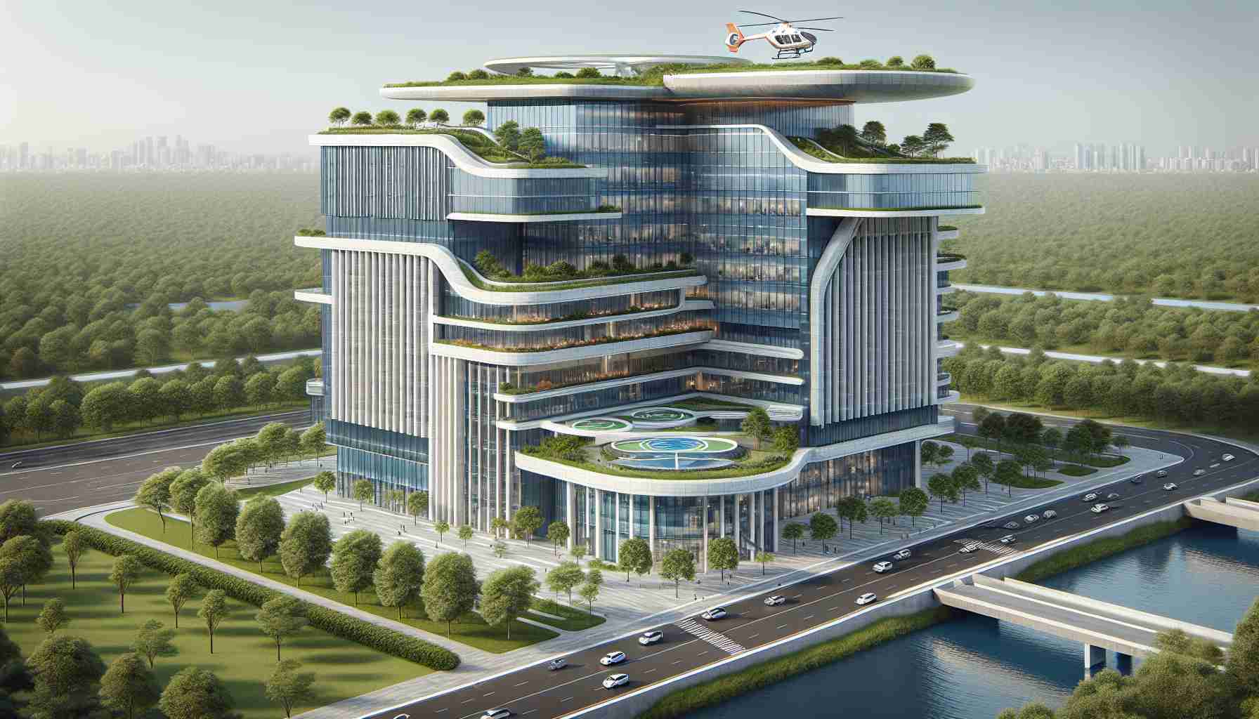 Realistically detailed image in high-definition of a modern, eco-friendly corporate building. The structure uses sustainable materials and innovative design elements to minimize environmental impact. It also features helipads, indicating its affiliation with a hypothetical helicopter production company.