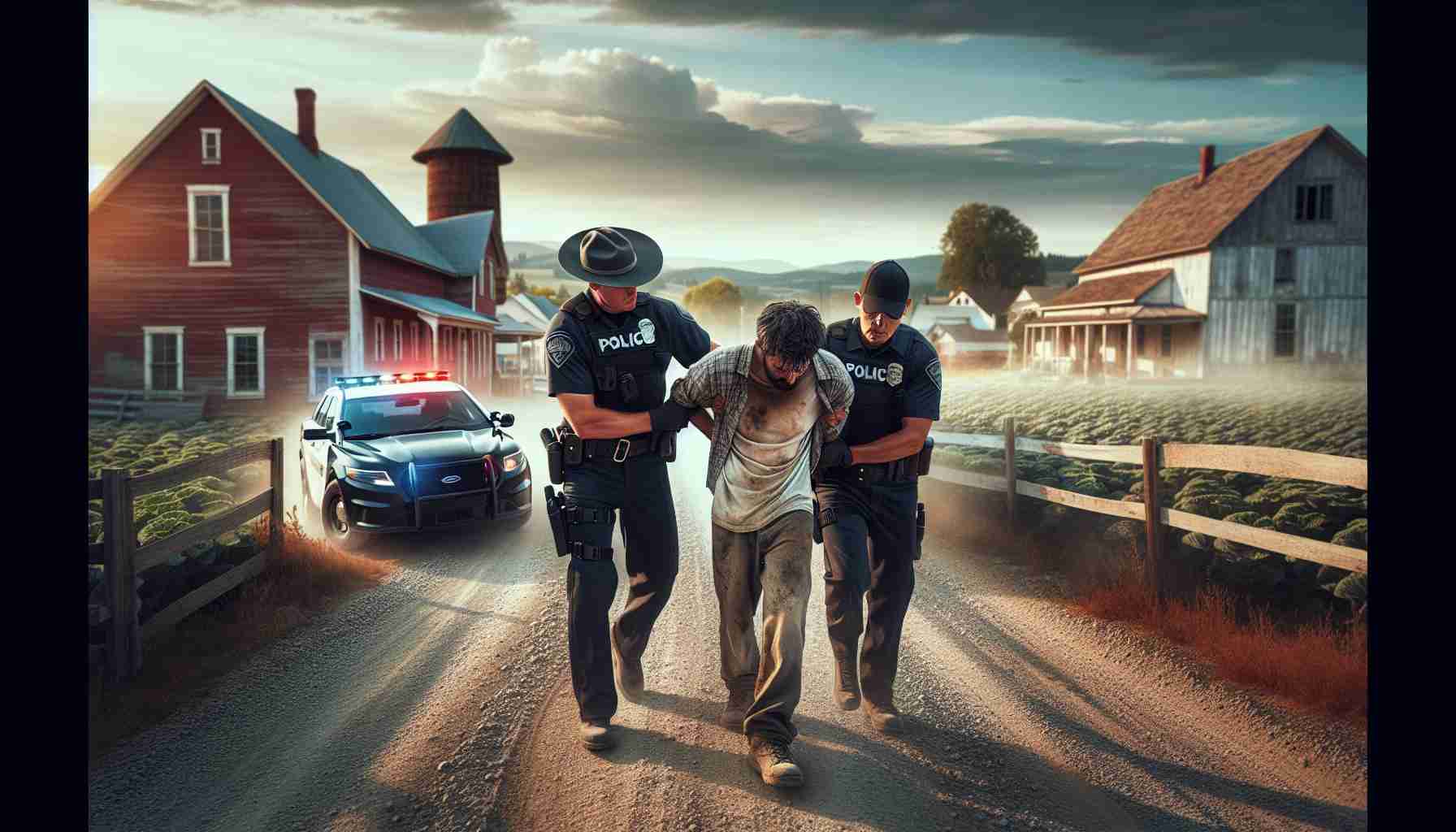 Realistically detailed high definition image of a scenario showing a male of South Asian descent being detained by police officers, one Caucasian and one Hispanic, following a transportation incident in the setting of a tranquil countryside township. The photo should capture the dusty gravel road, the police vehicle with flashing sirens, the distressed individual being arrested, and the rustic rural surroundings with farmland, local architecture, and blue skies overhead.