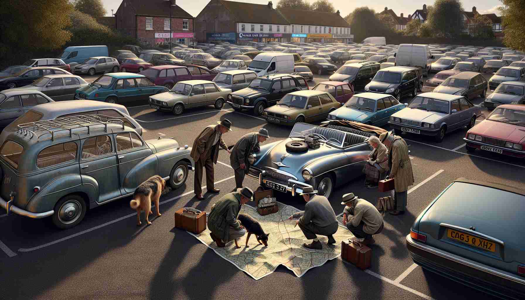 Depict a realistic high-definition scene in a parking lot in Kent. Show that an unexpected adventure is unfolding. Perhaps a group of variously aged people huddled over a rolled-out map on the bonnet of an old convertible, a stray dog pawing at a mysterious object tucked under a car, or a family starting a picnic amidst parked cars. Get creative with lighting, shadows, and reflections for a dramatic effect.