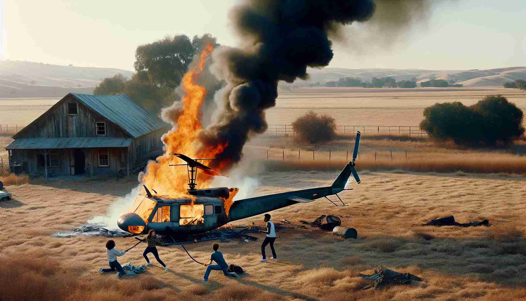 A high-resolution, realistic image of a chaotic scene. At an abandoned, sprawling ranch, three teenagers of mixed descents - a Caucasian boy, a Black girl, and a Hispanic boy are engaged in an act of rebellion. They are setting a discarded helicopter on fire. The helicopter, with a slightly rusted body, sits defiantly in the middle of a parched field, now succumbing to the fiery onslaught of the trespassing teenagers. Smoke billows into the clear sky as the scene unfolds in the dying light of the day.