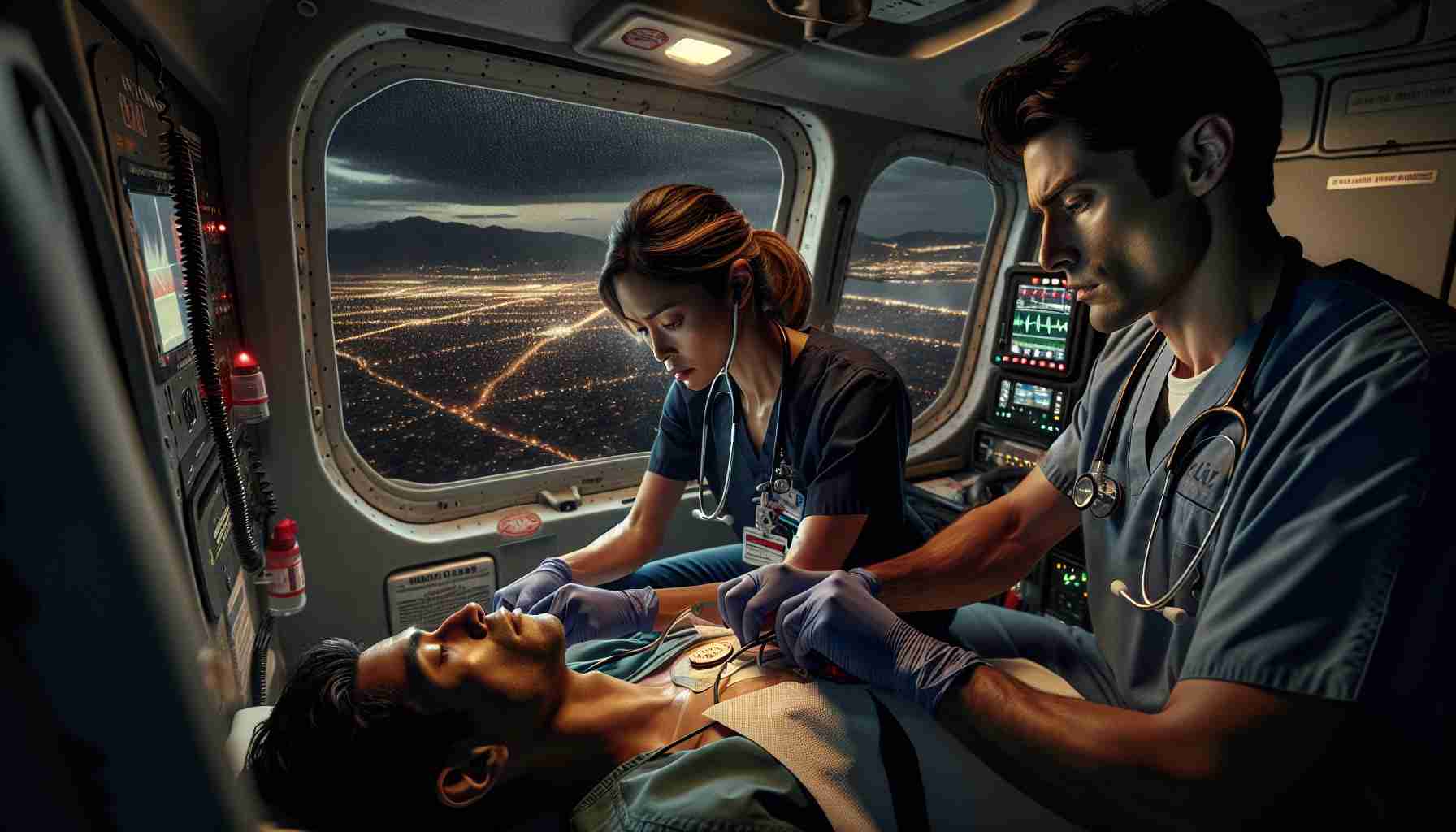 A high-resolution, realistic image depicting an intense scene from a fictional medical drama. In the heart of the action, a life-saving flight drama unfolds. The scene is set in a medical helicopter lit by dim cabin lights, with two medical professionals of diverse backgrounds, a Hispanic male and a South Asian female, performing emergency procedures on a patient. The male nurse is offering instructions, while the female doctor is preparing a defibrillator. The landscape outside the helicopter window indicates they're over a large city at night.