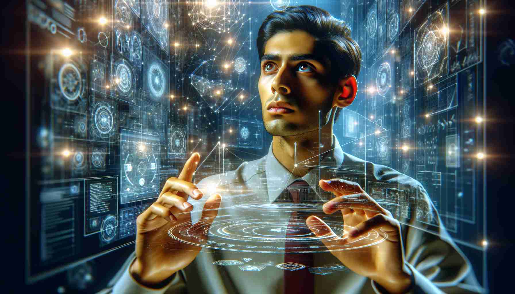 Portrait of exploration in the realm of digital opportunities, captured in a high-definition, realistic style. View a scene of an individual of South Asian descent, male, engrossed in a vast sea of floating holographic data streams, symbols, and diagrams. His face is filled with awe, curiosity, and determination, while his fingers interact with the floating interfaces. The overall ambiance of the image should be futuristic and optimistic, giving a sense of endless possibilities. An inspiring representation of the bravery to delve into the unknown world of digital technology.