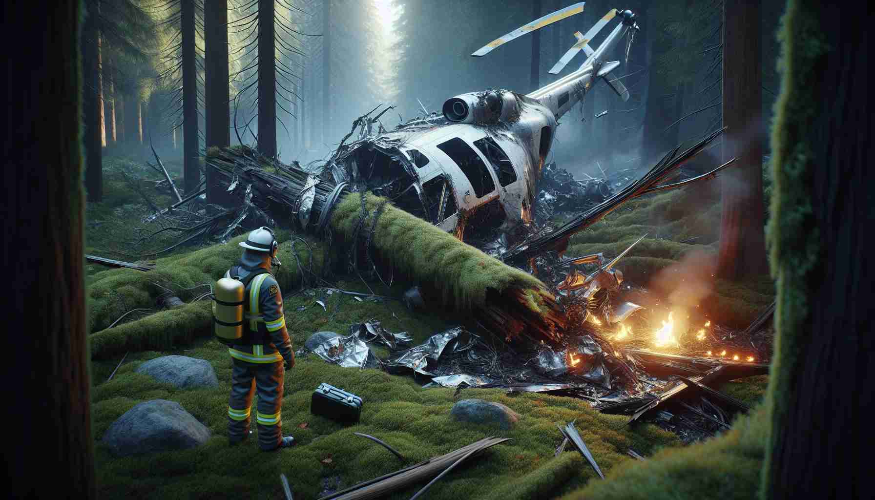 A realistic, high-definition image of a helicopter crash site. It should depict twisted and broken metal, signs of smoke and fire, and wreckage scattered around an otherwise serene forest. It raises questions about the safety measures in place. Nearby, an individual wearing reflective safety gear assesses the wreckage, embodying the ongoing investigation into the crash. This scene raises deep concerns about aviation safety and the haunting reality of such accidents.