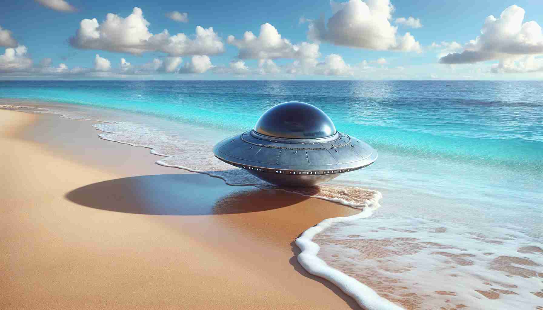 A High definition realistic image representing an unconventional but peaceful scenario: a UFO, elliptical in shape and metallic grey in color, making a gentle landing on a sunlit beach. Surrounding this unusual scene are fine-grained sand, azure ocean waves gently lapping at the shore, and a pristine blue sky scattered with a few fluffy white clouds.