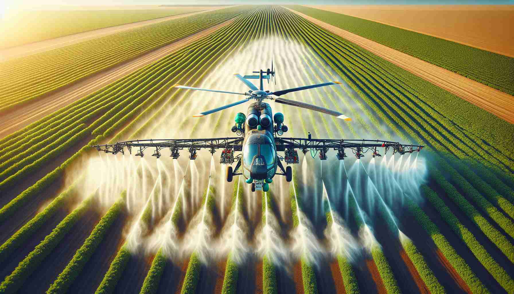 A highly detailed, realistic aerial view highlighting the workings of modern agricultural technology. At the center, a retrofitted helicopter, equipped with specialized spraying equipment, is in action. It's spraying crops across a large field, with an alternating pattern of greens and browns below. Puffs of mist can be seen coming from the helicopter, enveloping the crops in its healing shroud. The spectacle takes place under a clear blue sky, with warm sunlight casting an illuminating glow on the entire scene.