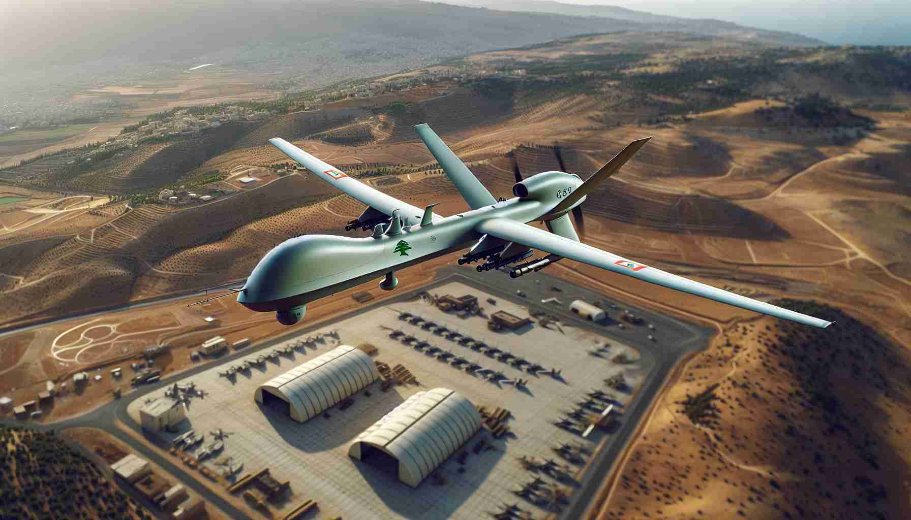 High-definition realistic image of an unmanned aerial vehicle of Lebanese origin flying over a vacant military base located in a landscape similar to the geography of Israel. The drone is of a simple design, colored in basic military green, and is equipped for aerial reconnaissance. Below, the deserted military base has hangars, bunkers, and other facilities typical to such establishments, nestled among an arid and hilly landscape.