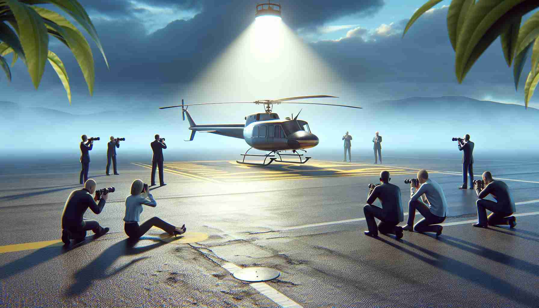 A realistic high-definition image illustrating a curious mystery scenario: a helicopter that has suddenly vanished. Capture the sense of tension in the air with the stunned onlookers on the ground, a now-empty landing pad, and avoid adding identifiable individuals or copyrighted material in the scene.