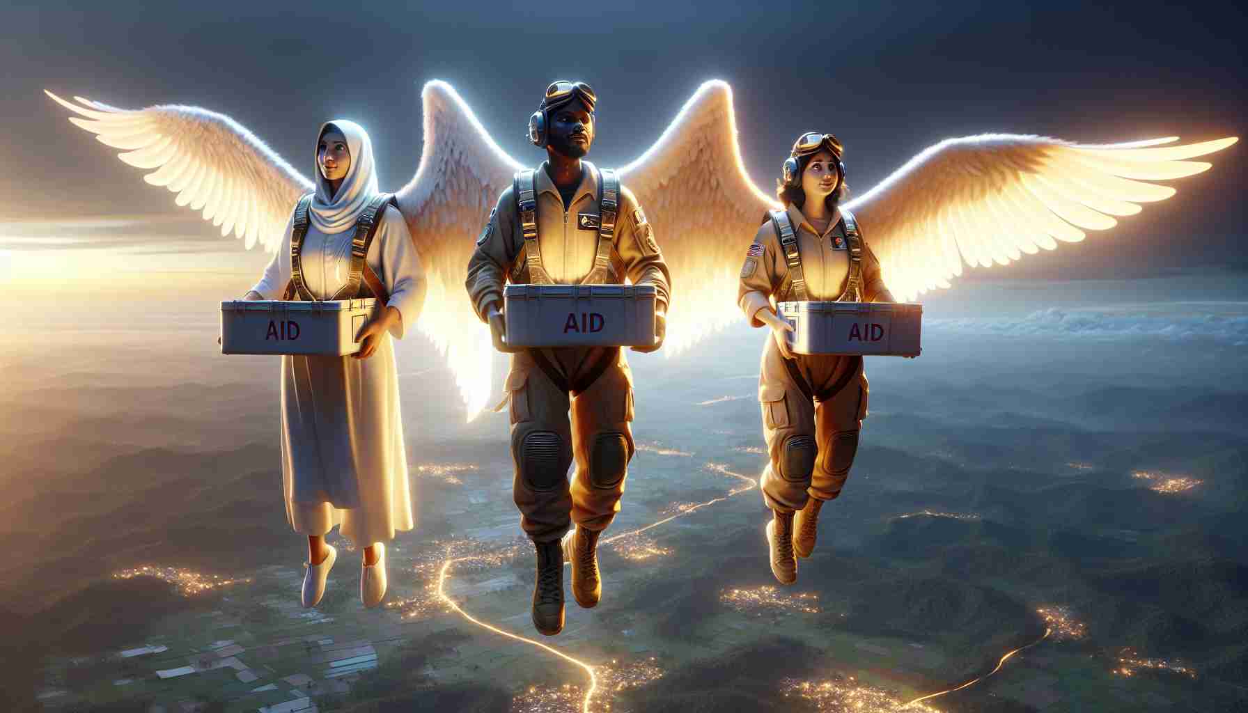 Render a photorealistic high-definition image of three angelic figures, each with differing characteristics: one male angel of middle-eastern descent with large white wings, a female angel of South Asian descent with shimmering silver wings, and a non-binary angel of Hispanic descent with golden wings. All three are suited up as pilots. They are in the sky, their flight path marked with a glowing trail, and beneath them is a rural landscape at twilight. Each angel carries a large container marked as 'aid', signifying their mission to deliver essential supplies. The overall ambience of the scene is heartwarming and hopeful.