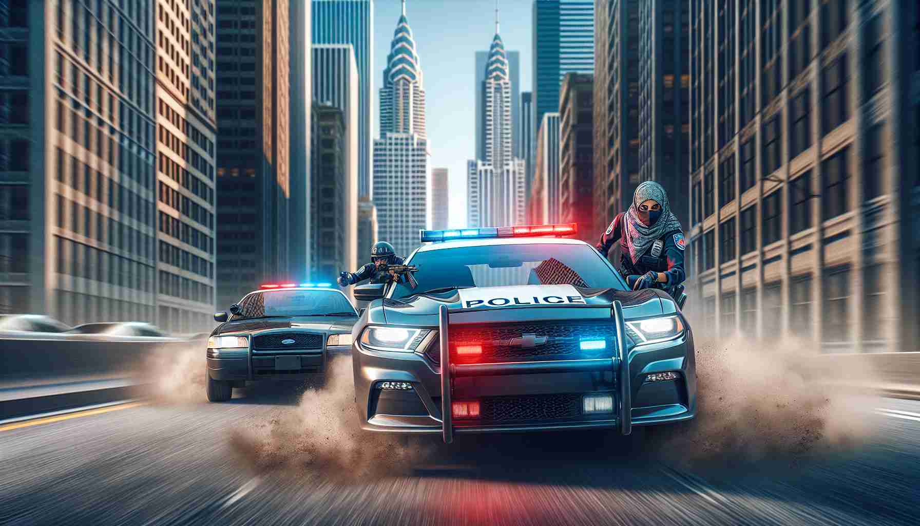 Generate a high-definition, realistic image of a police pursuit. In this action-filled scenario, the scene is set in an urban area with towering skyscrapers creating a concrete jungle. A Middle-Eastern female police officer is driving a marked police car, the blue and red lights flashing and sirens wailing. They are in pursuit of a black sedan driven by a Hispanic male suspect. The image captures the urgency and intensity of the situation, with the speed of the vehicles kicking up dust and dirt in the air, carrying along with it the suspense and tension of the on-going chase.