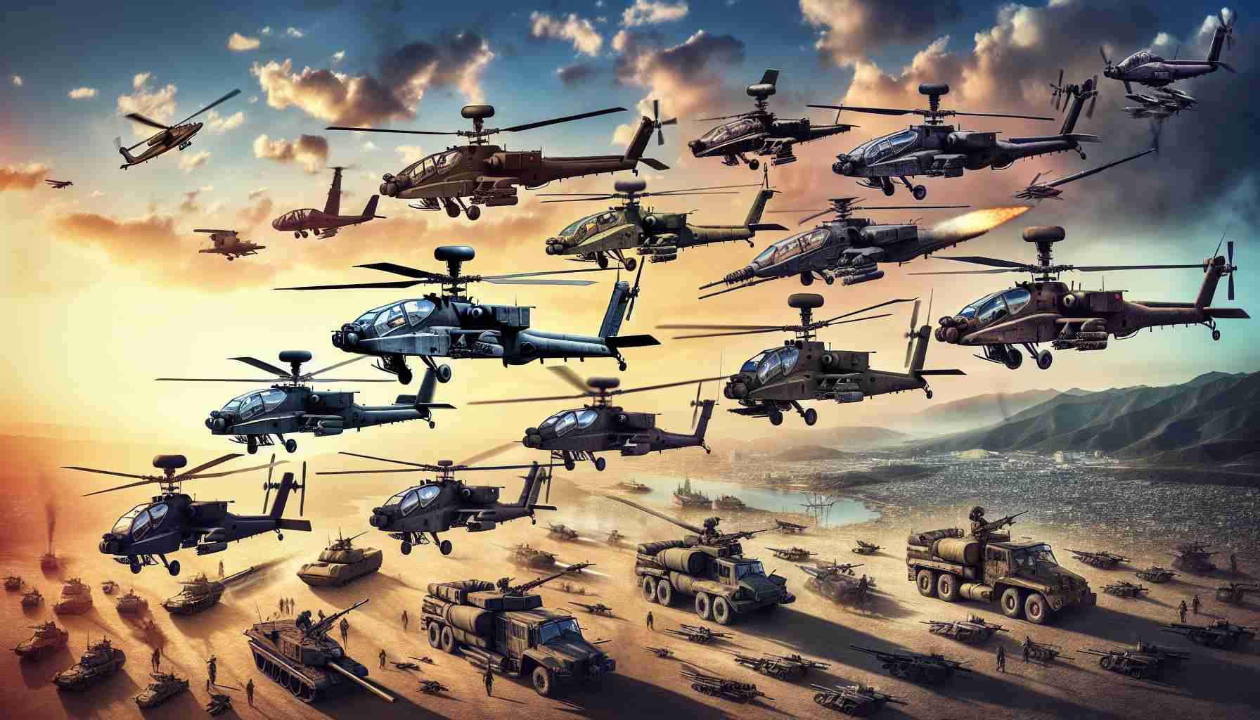 A highly detailed and realistic panoramic image showcasing the evolution of attack helicopters throughout modern warfare. The sequence could start with early prototypes from World War II era, then transition to the sleek designs of the Vietnam War, and end with today's advanced, high-tech models. Further enhance the visual by showing the transformation in terms of size, design, firepower, and technology. All set against a backdrop of different wartime scenarios representing their respective eras.