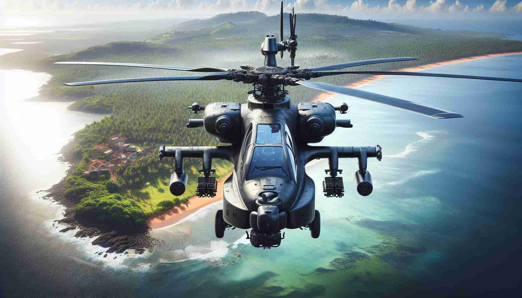 A high-definition, realistic image of a state-of-the-art helicopter that has enhanced the capabilities of an air force. The helicopter showcases cutting-edge technology and innovations. It is situated in Goa, characterized by its tropical climate and beautiful landscapes. The helicopter is ready for deployment, radiating a sense of power and prowess. The backdrop is filled with a clear blue sky, while the lush greenery of Goa's landscape stretches into the distance.