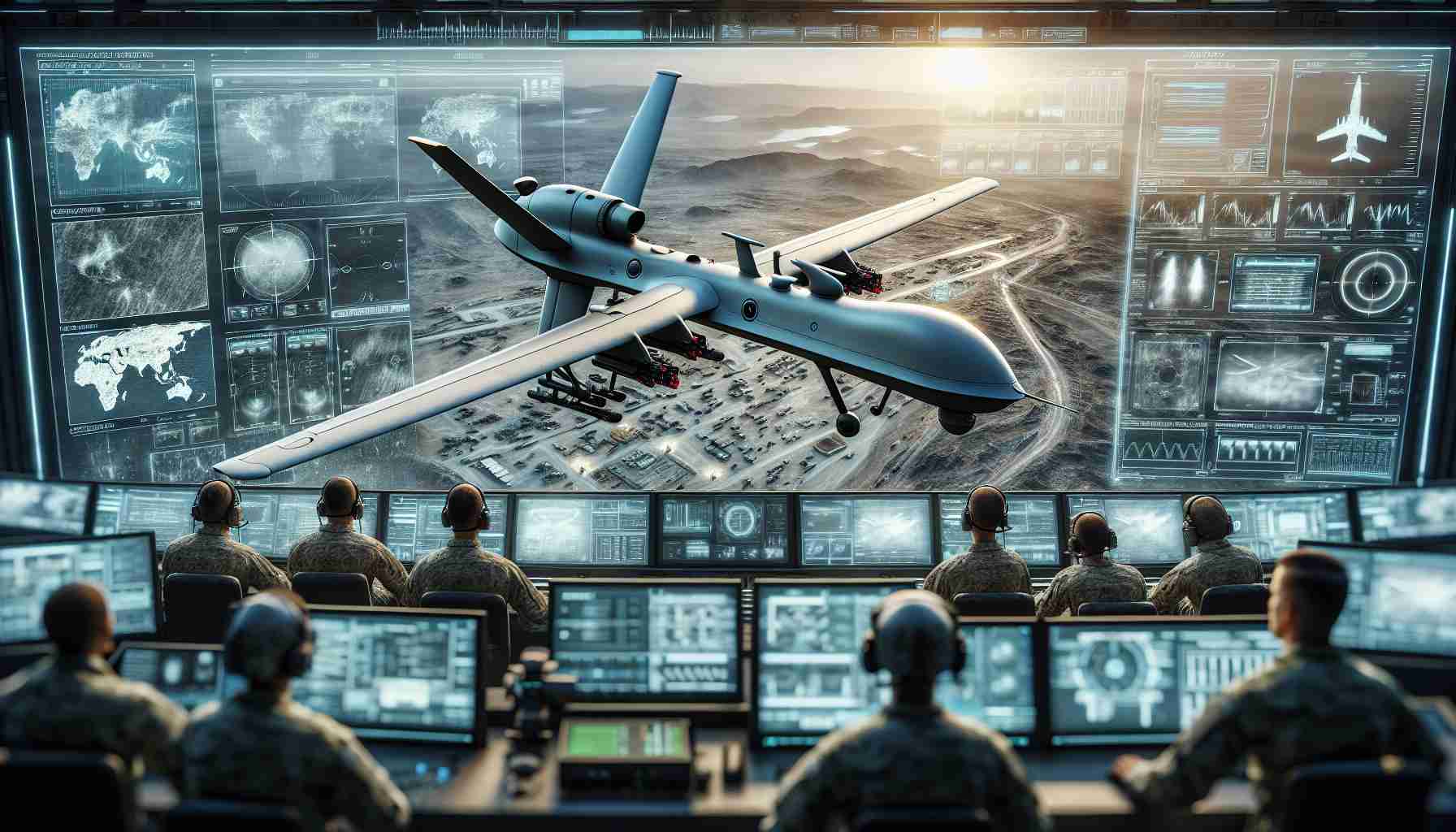 Detailed image of the future vision of aerial reconnaissance in modern warfare, showing advancements in technology. An unmanned drone with high-resolution digital cameras is flying quietly above an unforgiving terrain, constantly capturing detailed images. The drone is equipped with sophisticated radar systems and forward-looking infrared sensors for all-weather, 24/7 operation. Below, military personnel from different descents and genders are observing the drone feeds in a high-tech control room filled with large tactical displays and computers. Emphasize the efficiency, precision, and stealthiness in the scene.