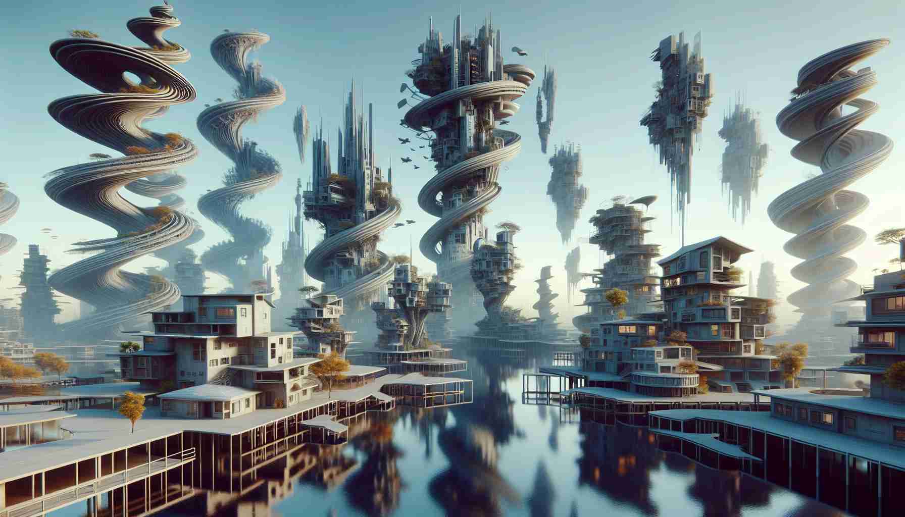 Generate a high-definition, realistic image featuring unconventional architecture. Consider an interesting range of structures with unique designs, such as spiral skyscrapers, floating houses, and buildings with organic shapes. The scene should evoke the idea of exploring these fascinating architectural wonders.