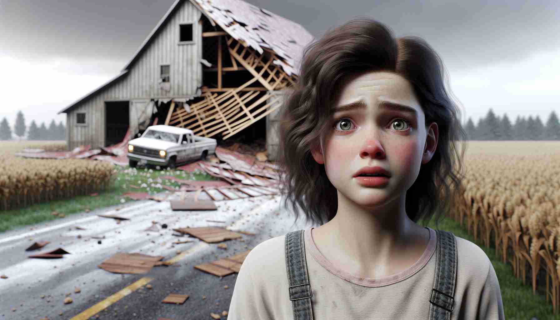 Render in high definition a realistic image showing a Caucasian girl, around 9 years old, wearing a distressed, yet unhurt expression. She has just experienced a frightening accident involving a barn roof, but luckily, she is safe now. The barn in the background exhibits visible signs of damage on its roof, as if something heavy has fallen upon it. Some debris spills around the area. Despite the shaken incident, the overall scene should exude a sense of relief and safety.