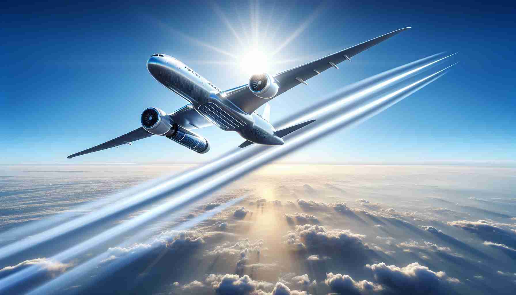 High-definition realistic image of the future of air transport revolutionized. Picture this: A large, sleek airliner soaring through the sky, leaving contrails in its wake. It's designed with the latest technology for maximum fuel efficiency, featuring extended wings and solar panels. The body is made of lightweight, durable carbon fiber. An aura of sunlight illuminates the aircraft, symbolizing the dawn of a new era in air transportation. The backdrop is the vast expanse of the clear blue sky, dotted with pockets of fluffy white clouds.