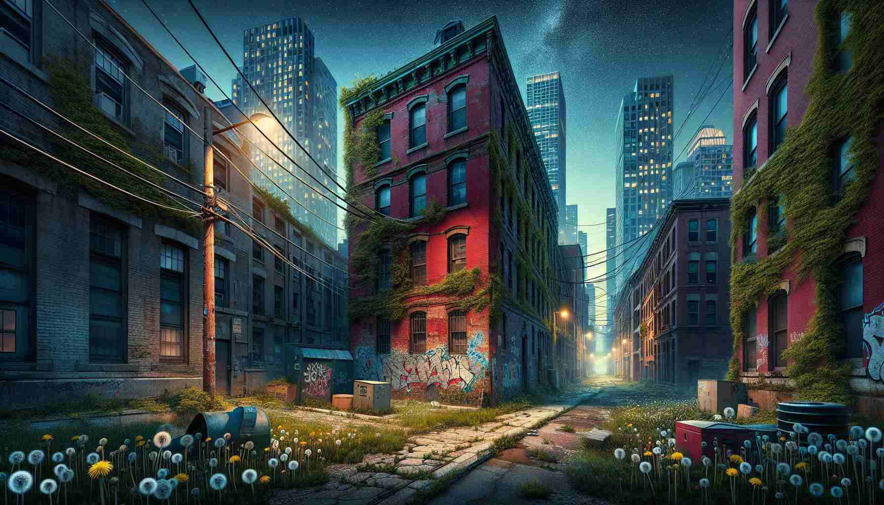 Generate a realistic high-definition image that unveils the untold stories of urban landscapes. The scene should evoke the passage of time and societal changes, capturing everything from the aging architecture of red brick buildings, to the freshly painted graffiti on a concrete wall, to the gentle quiet of a deserted alley at midnight. The city streets should be lined with diverse flora, such as dandelions breaking through cracks in the sidewalk and ivy climbing up a worn-down brick building. The sky above should range from a dawn's early light to the inky canvas of night traced with neon lights.