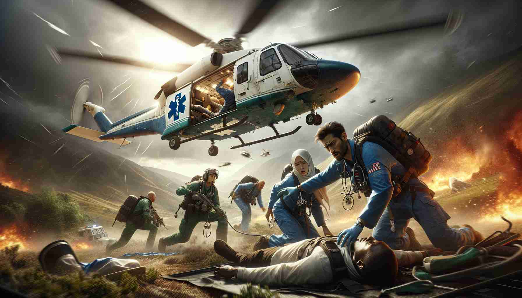 Realistic and high-definition image of unfortunate event affecting a medical flight crew. The intense scene unfolds with a helicopter marked with the universal medical symbol caught in a difficult situation. The crew includes a brave South Asian male pilot trying to regain control of the aircraft, a focused Middle-Eastern female medic attending to a patient inside, and a concerned Black male co-pilot reaching out to communicate for help. The landscape around them is frantic, hinting at the intense conditions they are battling against.