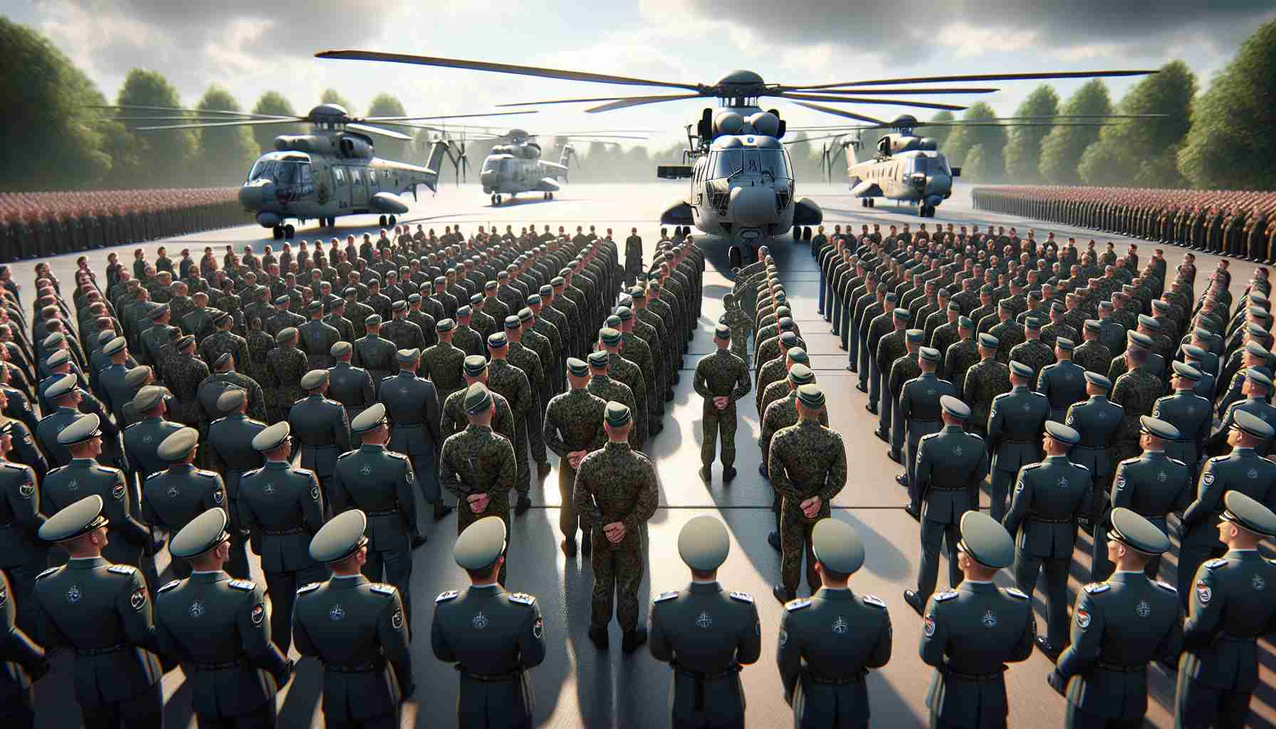 High-definition, realistic rendering of an event where the German Armed Forces are welcoming their new fleet of advanced helicopters. The scene should show military personnel of mixed genders and various descents in their uniforms, standing in orderly rows, with expressions of anticipation and pride. The advanced helicopters should be in the backdrop, showcasing their modern design. The setting is an open airfield under a sunlit sky.