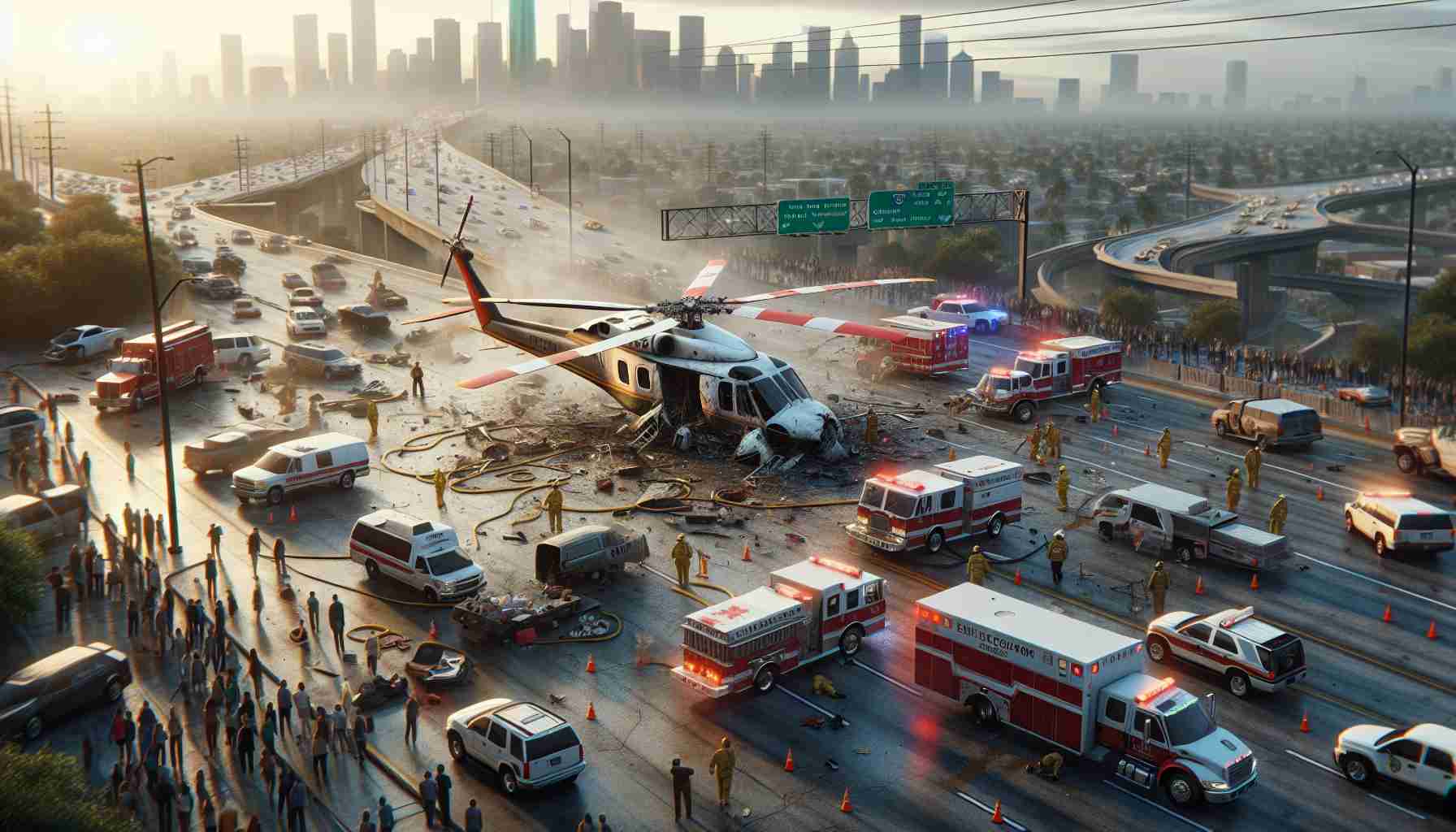 High definition, realistic representation of a helicopter crash scene in Houston which has raised concerns about safety protocols. Picture includes emergency vehicles and personnel working around the scene, visible damages to the helicopter, and the surrounding crowd observing the situation from a safe distance. Note: No explicit graphic content, respecting viewer sensitivity.