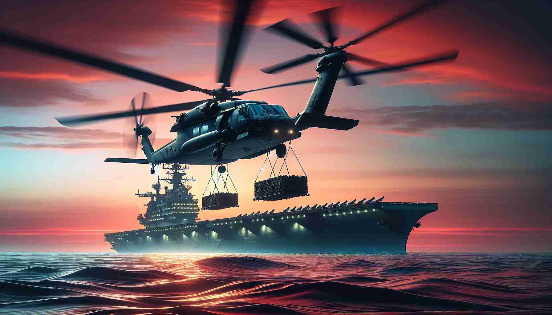 Generate a hyper-realistic, high definition image of heavy lift helicopters revolutionizing naval operations. These helicopters are designed with the latest technology and are currently in mid-flight, hovering over a vast open ocean with a battleship in the background. The rotor blades are whirring, lifting up a heavy payload from the sea surface. The scene takes place at dusk, making the silhouette of the helicopter prominent against the reddish-orange sky. Exciting glimpses of naval operations are captured as the helicopter transports the load toward the main deck of the ship.