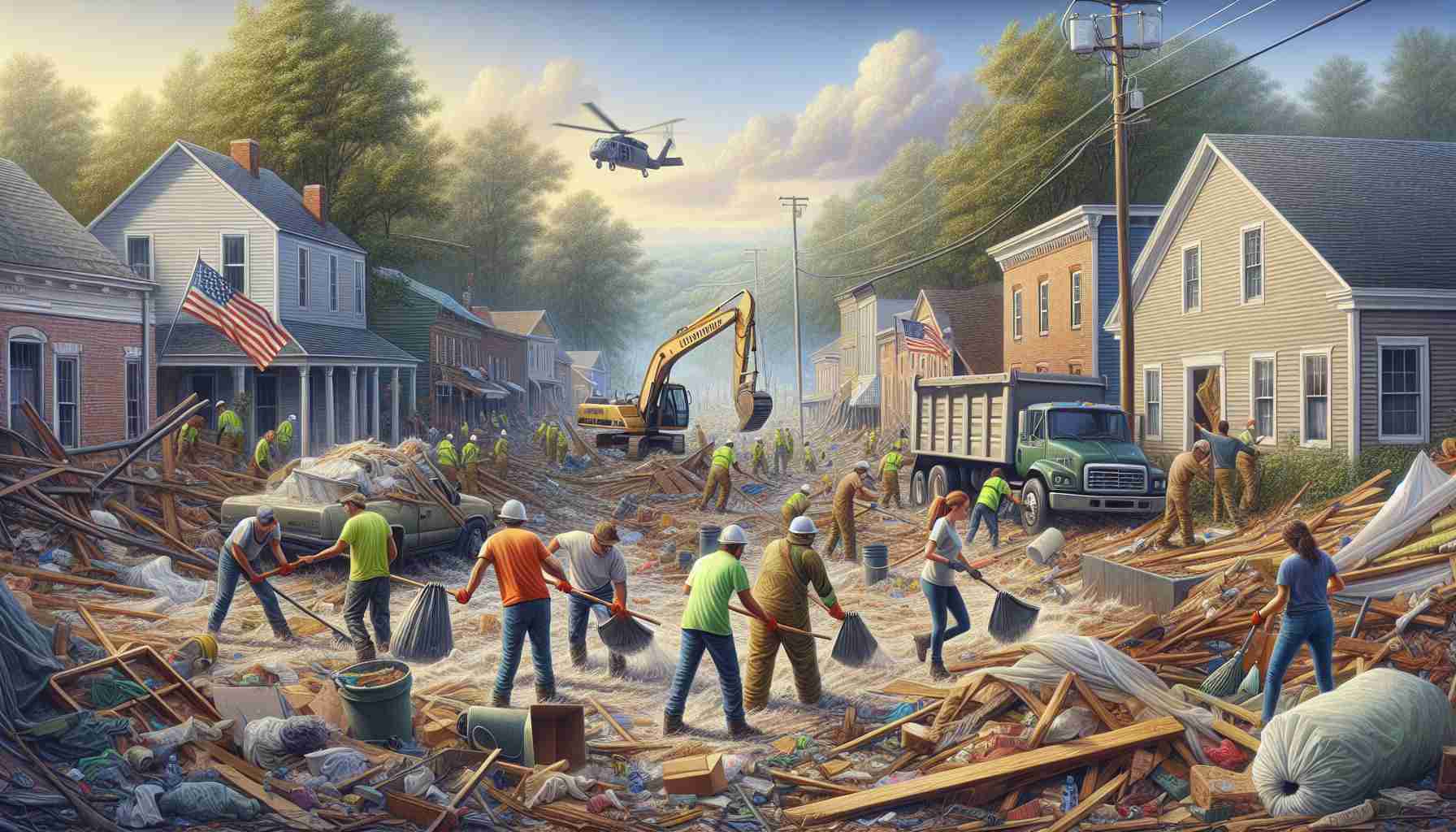 Depict a high-definition, realistic image that showcases the support provided to Asheville in the aftermath of Hurricane Helene. The scene should consist of volunteers of various descents and genders participating in cleanup efforts. Include elements such as scattered debris, restoration vehicles, and helping hands, while also portraying the resilience of the local community.