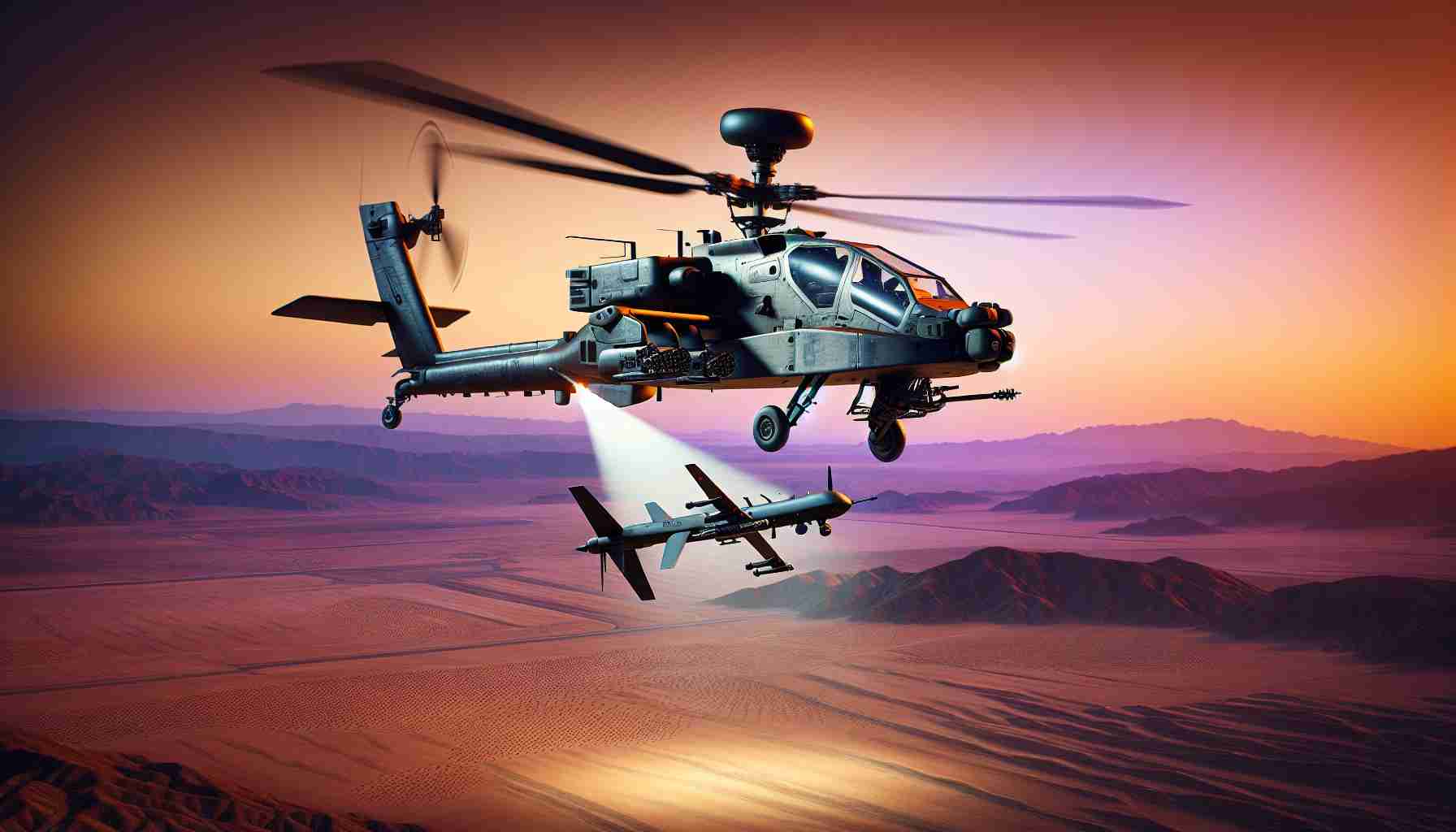 A high-definition, photorealistic depiction of an Apache helicopter from the Israeli defense forces successfully neutralizing a hostile drone threat mid-air. The scene shows the drone and helicopter hovering above a barren desert landscape, with the helicopter deploying countermeasures. The time of day is dusk, with an orange-purple sky as the backdrop.