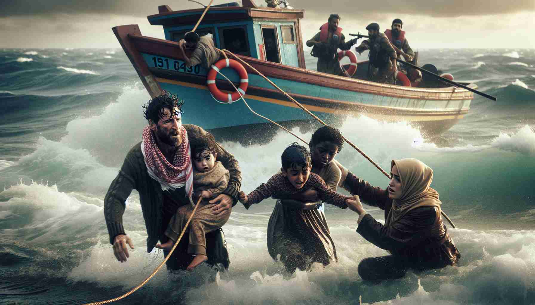 An HD image capturing the moment of relief and bravery showing a Hispanic father, Caucasian mother and their two Black children. They are stranded amidst choppy waves off a coastline. A Middle-Eastern man piloting a fishing boat nearby has thrown them lifebuoys and is pulling them to safety. The boat is weather-beaten and full of fishing gear. The father, soaked yet determined, is grasping onto the rope tied to the buoy, helping pull the smaller of the two scared children onto the boat. The mother is seen comforting the eldest child, a girl, who is safe on the boat.