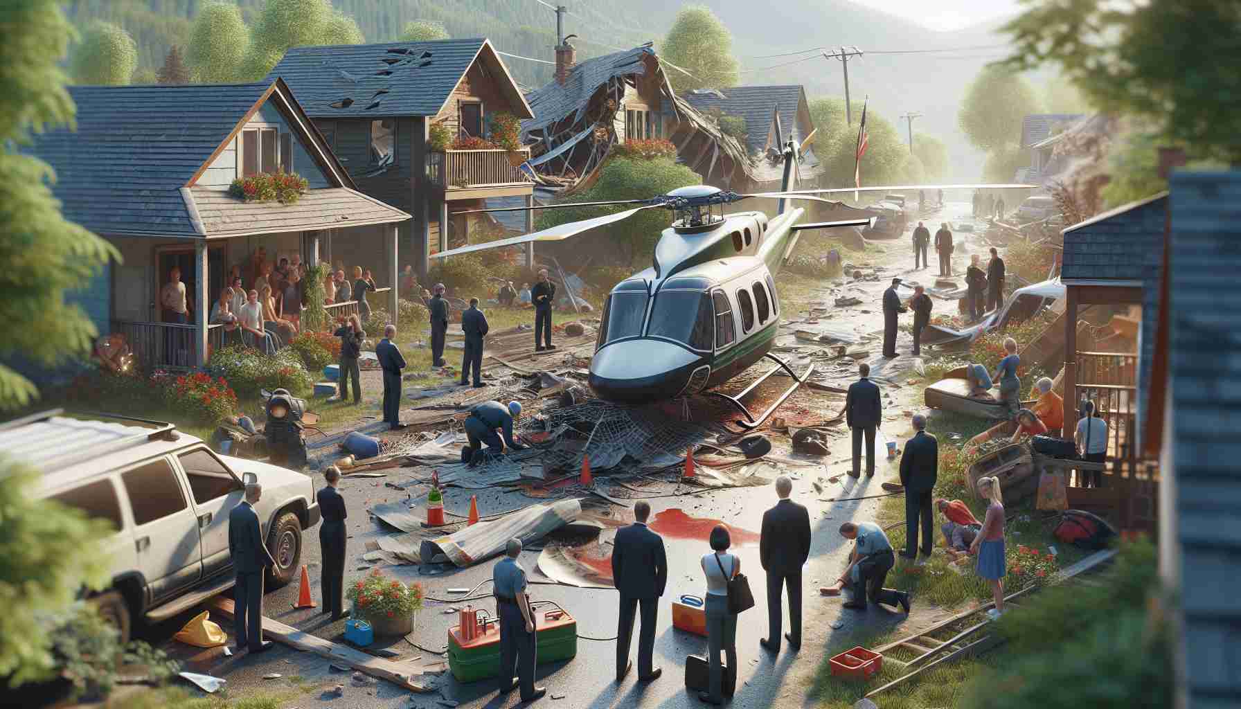 High definition photo-realistic image depicting a tragic helicopter incident in a small local community. The picture displays a scene where a helicopter is seen damaged, there are investigators working at the scene and distraught community members are standing aside looking at the wreckage.