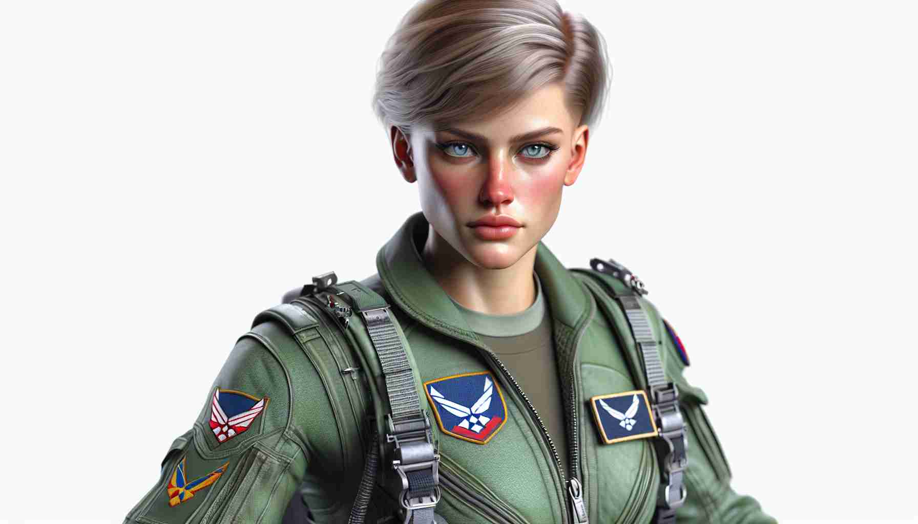 High-definition realistic image of a female First Lieutenant in the Air Force who can be named Emma Reese, showcasing a strong woman defying stereotypes in aviation. She possesses an athletic physique with close-cropped blonde hair, is dressed in her green Air Force uniform, adorned with her lieutenant insignia and various medals. Her sharp focus and determination are evident in her blue eyes as she navigates through the skies, expertly handling the controls of her aircraft.