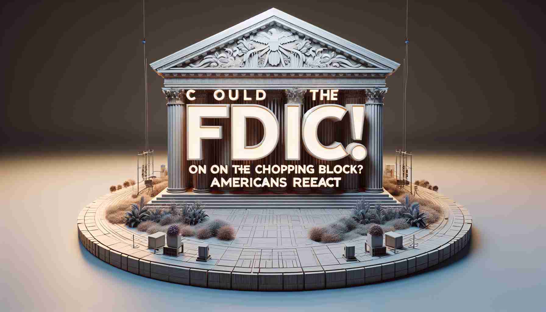 An elaborately detailed, photorealistic, high-definition image of the text 'Could the FDIC Be on the Chopping Block? Americans React!' displayed prominently. The scene should convey an atmosphere of natural lighting, realistic textures, and authentic color grading, making it barely distinguishable from a real photo.